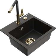 Mexen Milo granitinis plautuvas vienos kameros su virtuvės maišytuvu Flora, juodas/auksinis metalikas - 6505-75-670401-57-G