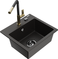 Mexen Milo granitinis vienos talpos virtuvinis plautuvas su Flora maišytuvu, juodas/auksinis metalikas - 6505-75-670401-57-B