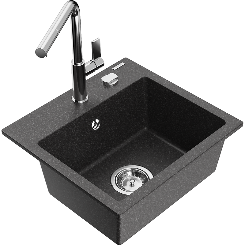 Mexen Milo granitinis vienos kameros plautuvė su Flora virtuviniu maišytuvu, juoda taškuota - 6505-76-670401-00