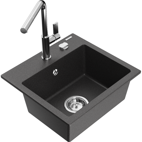 Mexen Milo granitinis vienos kameros plautuvė su Flora virtuviniu maišytuvu, juoda taškuota - 6505-76-670401-00