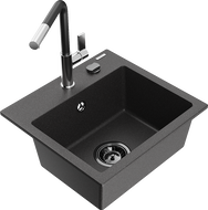 Mexen Milo granito plautuvė su vienu dubeniu ir Flora virtuviniu maišytuvu, juodas su taškeliais - 6505-76-670401-07-B