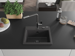 Mexen Milo granitinė vienvietė virtuvės kriauklė su Flora maišytuvu, juoda taškuota - 6505-76-670401-08-B