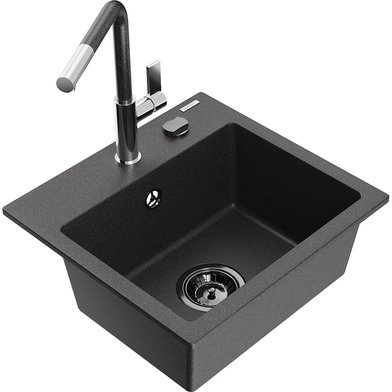 Mexen Milo granitinė vienvietė virtuvės kriauklė su Flora maišytuvu, juoda taškuota - 6505-76-670401-08-B