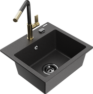 Mexen Milo granitinė vienos kameros plautuvė su virtuviniu Flora maišytuvu, juoda su taškeliais - 6505-76-670401-75-B