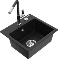 Mexen Milo granitinė vieno dubens plautuvė su Flora virtuviniu maišytuvu, juoda - 6505-77-670401-07