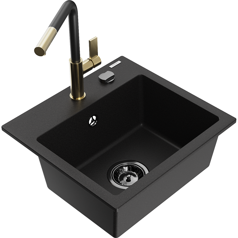Mexen Milo granitinis virtuvės plautuvas su viena kamera ir Flora virtuviniu maišytuvu, juodas - 6505-77-670401-57-B