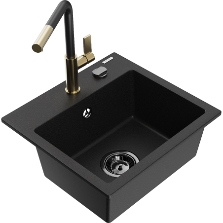 Mexen Milo granitinis virtuvės plautuvas su viena kamera ir Flora virtuviniu maišytuvu, juodas - 6505-77-670401-57-B