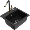 Mexen Milo granitinis virtuvės plautuvas su viena kamera ir Flora virtuviniu maišytuvu, juodas - 6505-77-670401-57-B