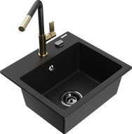 Mexen Milo granitinis virtuvės plautuvas su viena kamera ir Flora virtuviniu maišytuvu, juodas - 6505-77-670401-57-B