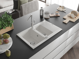 Mexen Gaspar granito plautuvė 1,5 skylių su lašėjimo zona ir Flora virtuviniu maišytuvu, balta - 6507-20-670401-00