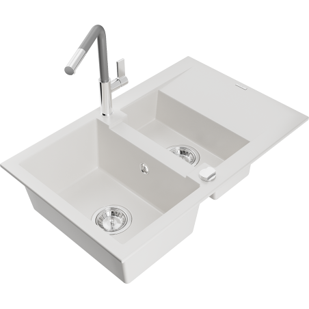 Mexen Gaspar granitinė kriauklė 1,5 dubens su nusausinimo paviršiumi ir virtuviniu maišytuvu Flora, balta - 6507-20-670401-06