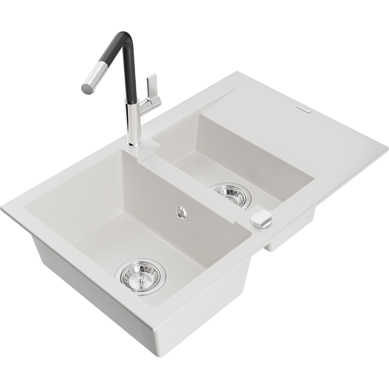 Mexen Gaspar granito plautuvė su 1,5 skyriais ir nusausinimo vieta bei virtuviniu maišytuvu Flora, balta - 6507-20-670401-07