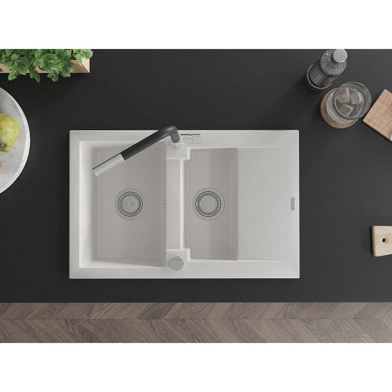 Mexen Gaspar granito plautuvė su 1,5 skyriais ir nusausinimo vieta bei virtuviniu maišytuvu Flora, balta - 6507-20-670401-07