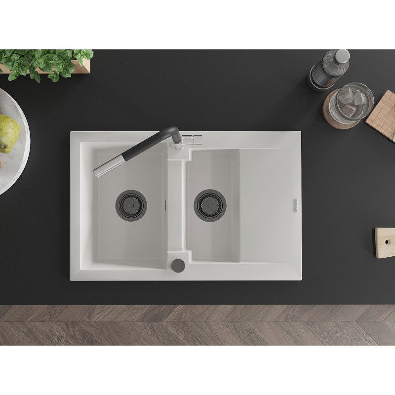 Mexen Gaspar granito plautuvė su 1,5 kameromis ir nutekėjimu bei virtuviniu maišytuvu Flora, balta - 6507-20-670401-07-B