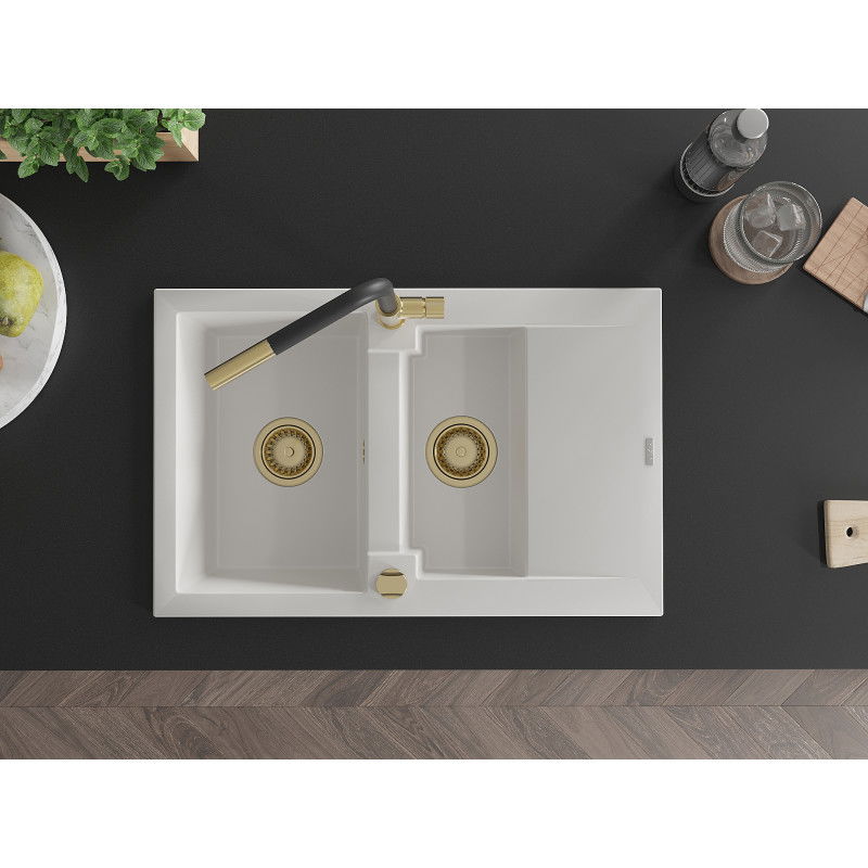 Mexen Gaspar granito plautuvė 1,5-kamerų su lėkščia ir Flora virtuvės maišytuvu, baltas - 6507-20-670401-57-G