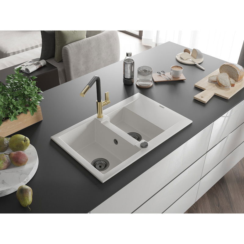 Mexen Gaspar granito plautuvė 1,5 kamerų su nuotėkio sprendimu ir virtuviniu maišytuvu Flora, balta - 6507-20-670401-57-B