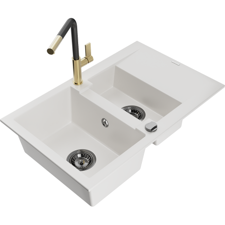 Mexen Gaspar granito plautuvė 1,5 kamerų su nuotėkio sprendimu ir virtuviniu maišytuvu Flora, balta - 6507-20-670401-57-B