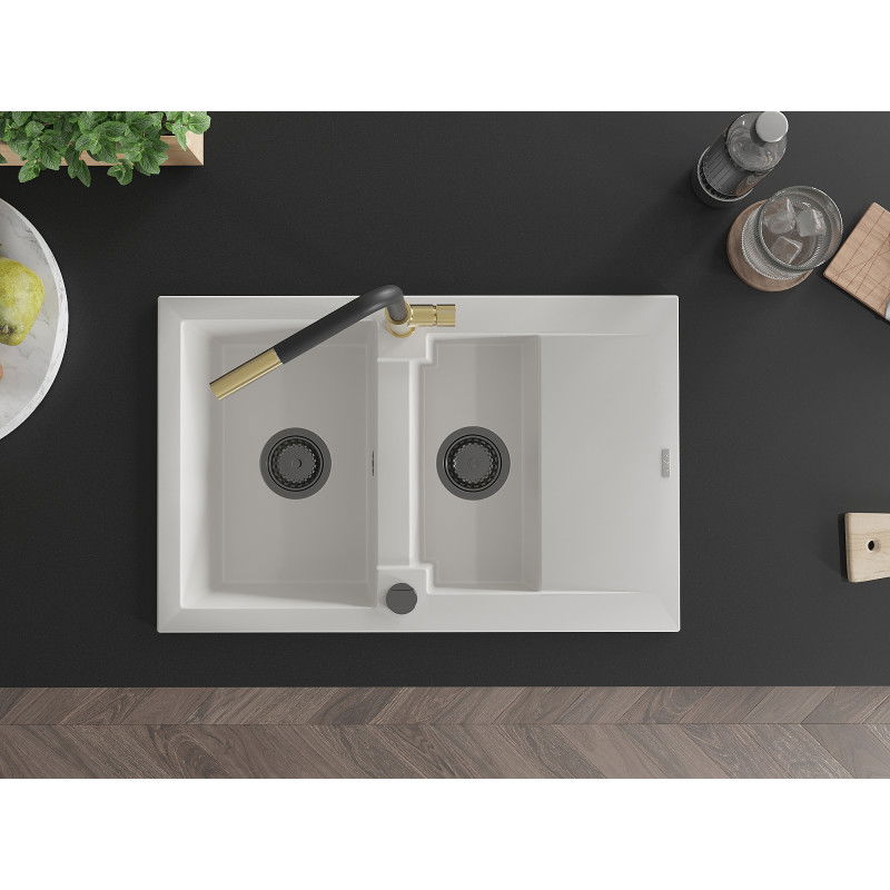 Mexen Gaspar granito plautuvė 1,5 kamerų su nuotėkio sprendimu ir virtuviniu maišytuvu Flora, balta - 6507-20-670401-57-B