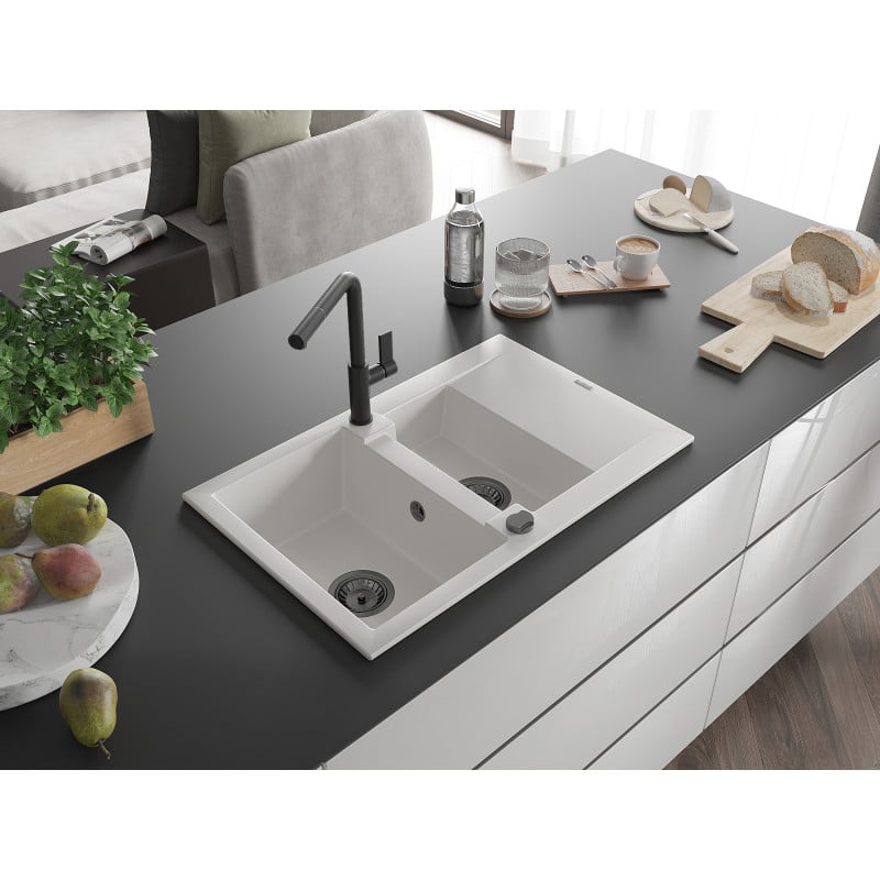 Mexen Gaspar granitinė plautuvė 1,5 skyrių su lašintuvu ir virtuviniu maišytuvu Flora, balta - 6507-20-670401-70-B