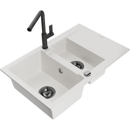 Mexen Gaspar granitinė plautuvė 1,5 skyrių su lašintuvu ir virtuviniu maišytuvu Flora, balta - 6507-20-670401-70-B