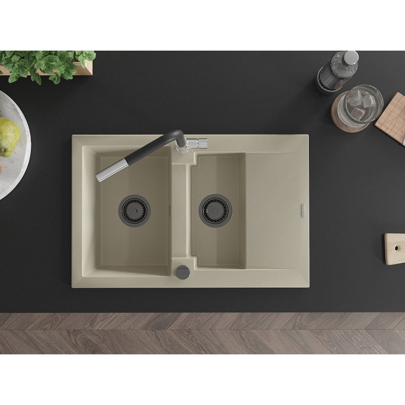 Mexen Gaspar granito plautuvė 1,5 skyrių su nusausintuvu ir Flora virtuviniu maišytuvu, smėlio spalvos - 6507-69-670401-07-B