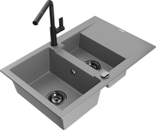 Mexen Gaspar granitinė 1,5 kamerų plautuvė su drenažu ir Flora virtuviniu maišytuvu, pilka - 6507-71-670401-70-B