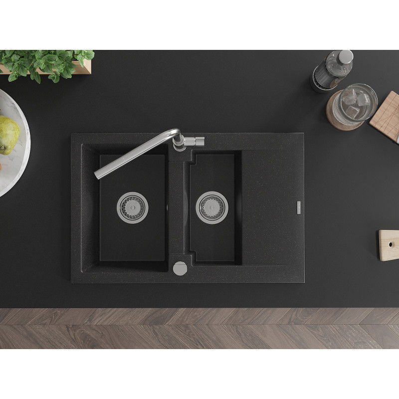 Mexen Gaspar granitinė 1,5 kameros plautuvė su nusausinimo ir virtuviniu maišytuvu Flora, juoda/sidabrinė - 6507-73-670401-00