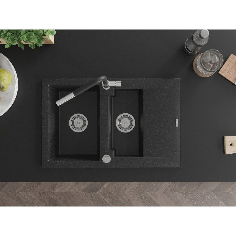 Mexen Gaspar granitinis plautuvė 1,5 skylių su nuvarvinimo ir virtuvės maišytuvu Flora, juodas/sidabrinis - 6507-73-670401-07