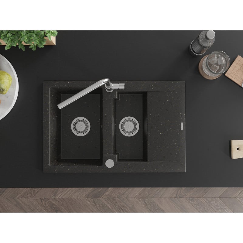 Mexen Gaspar granitinė 1,5 dubens kriauklė su drenažu ir Flora virtuviniu maišytuvu, juoda/auksinė metalinė
