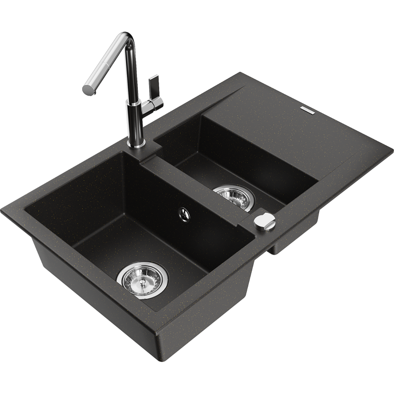 Mexen Gaspar granitinė 1,5 dubens kriauklė su drenažu ir Flora virtuviniu maišytuvu, juoda/auksinė metalinė