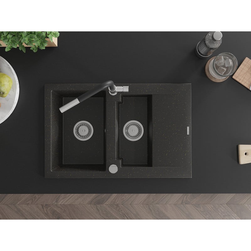 Mexen Gaspar granitinė kriauklė su 1,5 dubenėlėmis ir nusausinimo vieta bei virtuviniu maišytuvu Flora, juoda/auksinė