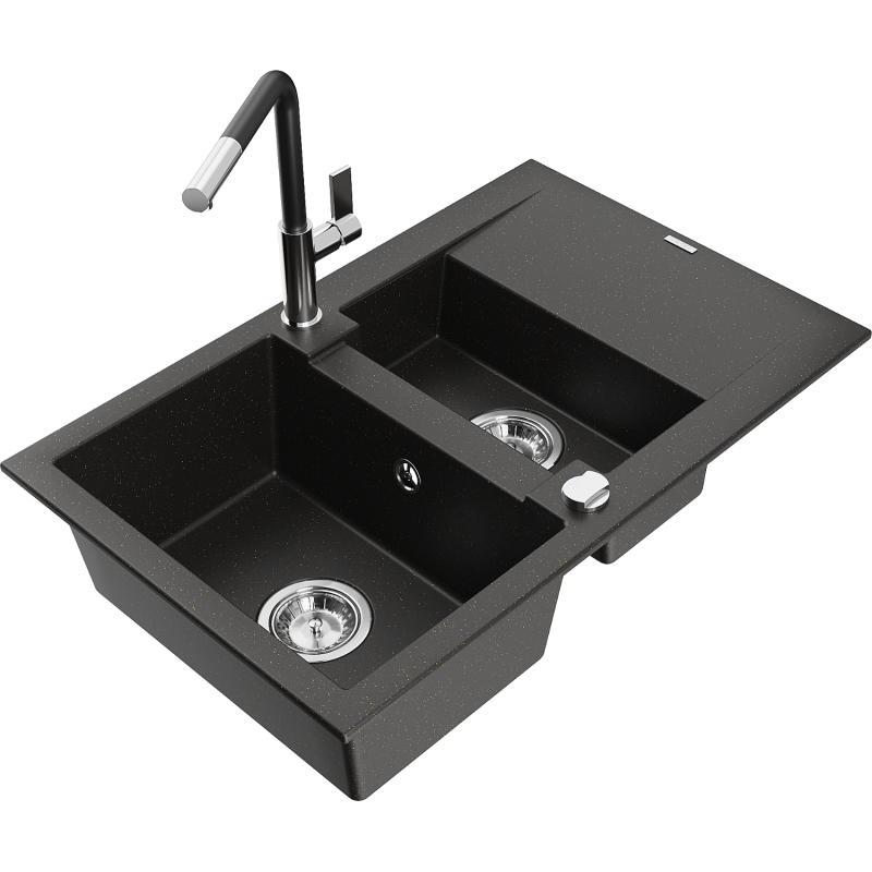 Mexen Gaspar granitinė kriauklė su 1,5 dubenėlėmis ir nusausinimo vieta bei virtuviniu maišytuvu Flora, juoda/auksinė