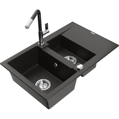 Mexen Gaspar granitinė kriauklė su 1,5 dubenėlėmis ir nusausinimo vieta bei virtuviniu maišytuvu Flora, juoda/auksinė