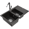 Mexen Gaspar granitinė kriauklė su 1,5 dubenėlėmis ir nusausinimo vieta bei virtuviniu maišytuvu Flora, juoda/auksinė