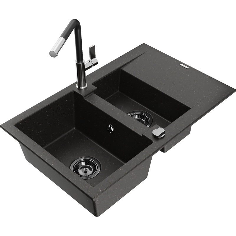 Mexen Gaspar granitinė 1,5 kambario kriauklė su nusausinimo skydu ir virtuviniu maišytuvu Flora, juoda/auksinė