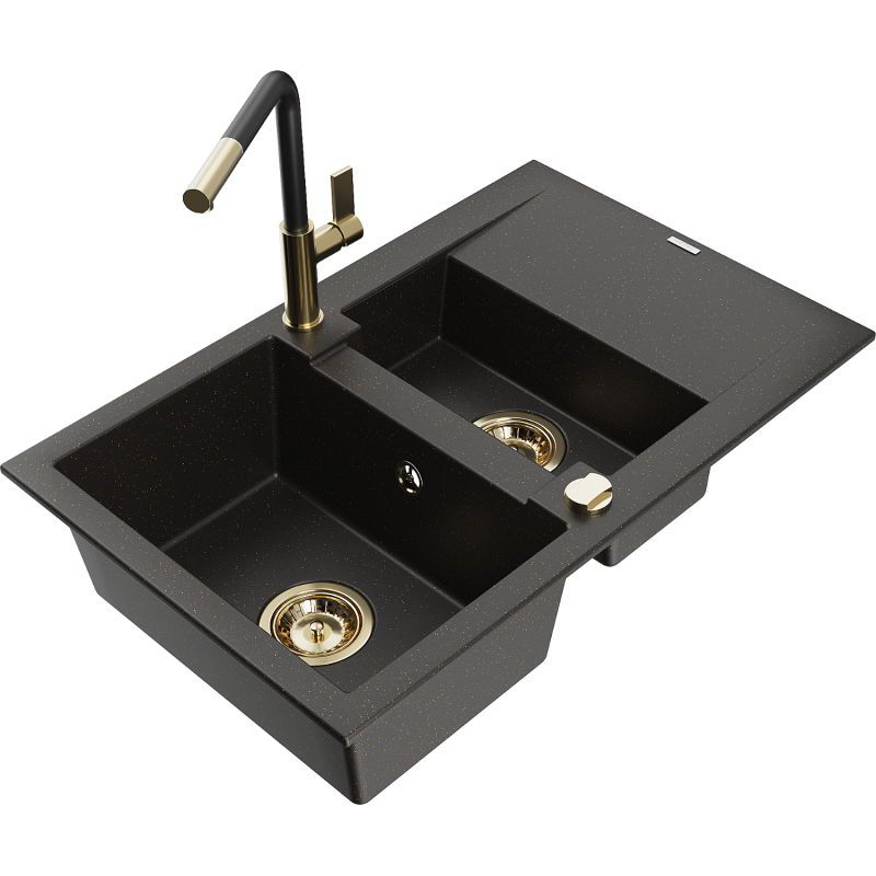 Mexen Gaspar granito kriauklė 1,5 kamerų su lašintuvu ir virtuvės maišytuvu Flora, juoda/auksinė - 6507-75-670401-57-G