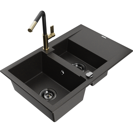 Mexen Gaspar granitinė 1,5-skyrių plautuvė su džiovykle ir virtuvės maišytuvu Flora, juoda/aukso spalvos - 6507-75-670401-57-B