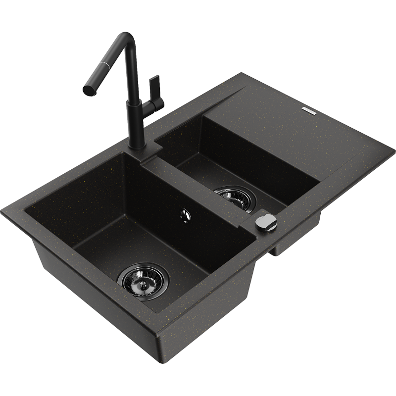 Mexen Gaspar 1,5 sekcijų granito kriauklė su nutekamuoju paviršiumi ir Flora virtuviniu maišytuvu, juoda/auksinė