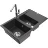 Mexen Gaspar granitinė 1,5 skylių plautuvė su nusausinimo lentyna ir virtuvės maišytuvu Flora, juoda taškuota