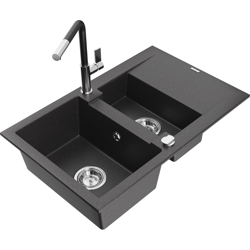 Mexen Gaspar granitinė 1,5 skyrių kriauklė su nusausintuvu ir Flora virtuvės maišytuvu, juoda dėmėta - 6507-76-670401-07