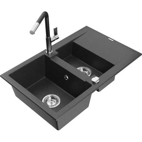 Mexen Gaspar granitinė 1,5 skyrių kriauklė su nusausintuvu ir Flora virtuvės maišytuvu, juoda dėmėta - 6507-76-670401-07