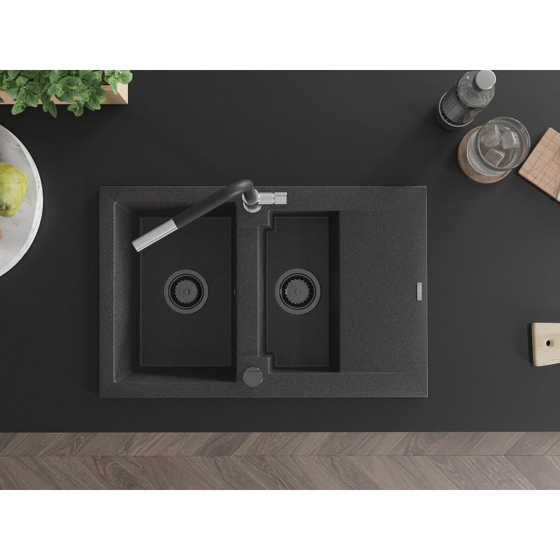 Mexen Gaspar 1,5 dubenų granitinė virtuvės plautuvė su nusausintuvu ir Flora virtuviniu maišytuvu, juoda su taškeliais