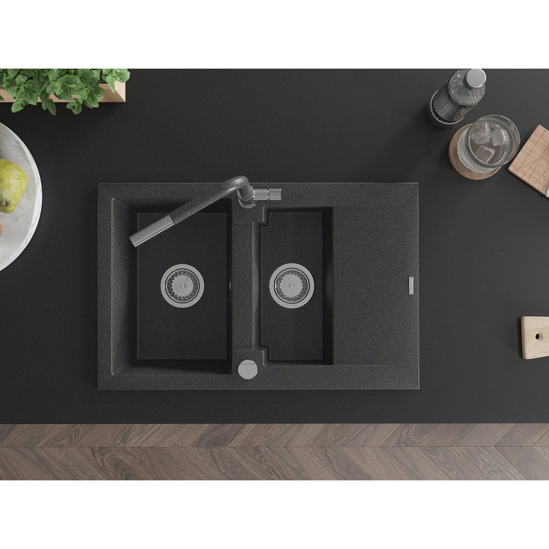 Mexen Gaspar granitinė 1,5 kamerų plautuvė su nusausintuvu ir Flora virtuviniu maišytuvu, juoda dėmėta - 6507-76-670401-08