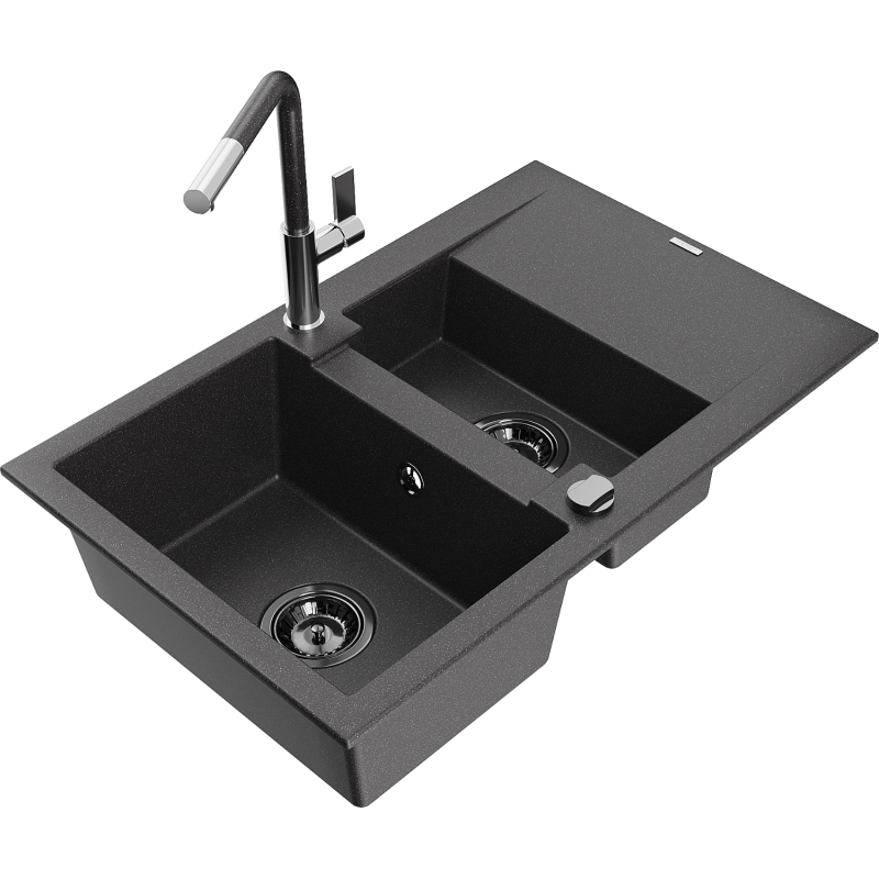 Mexen Gaspar granitinė 1,5 sektoriaus kriauklė su nutekėjimu ir Flora virtuvės maišytuvu, juoda su dėmėmis