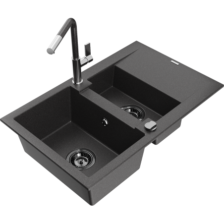 Mexen Gaspar granitinė 1,5 sektoriaus kriauklė su nutekėjimu ir Flora virtuvės maišytuvu, juoda su dėmėmis