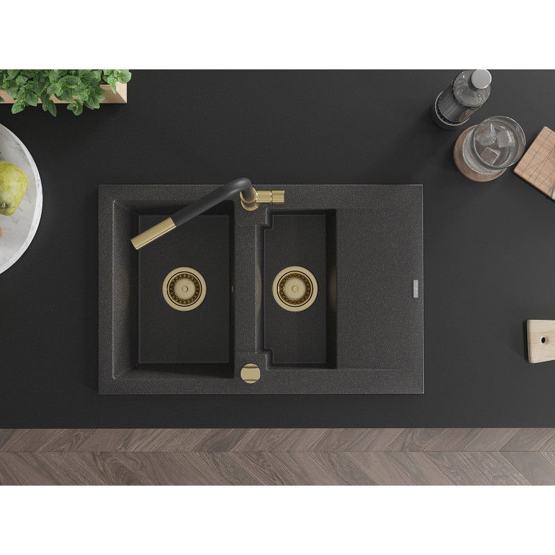 Mexen Gaspar 1,5 šulinio granito kriauklė su džiovykle ir Flora virtuvės maišytuvu, juoda dėmėta - 6507-76-670401-57-G