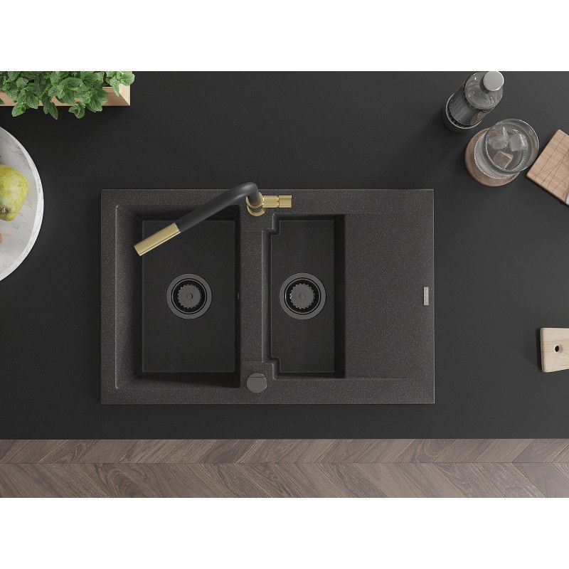 Mexen Gaspar granito plautuvė 1,5 skylių su nutekėjimu ir virtuvės maišytuvu Flora, juodas dėmėtas - 6507-76-670401-57-B