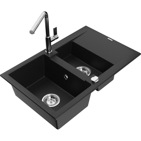 Mexen Gaspar granitinis kriauklė su 1,5 kameros ir nutekėjimu bei Flora virtuviniu maišytuvu, juodas - 6507-77-670401-00