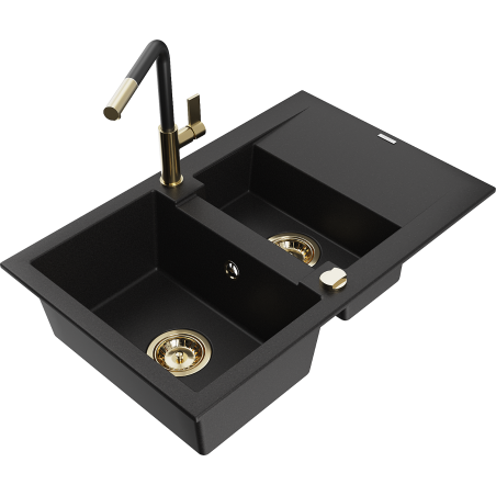 Mexen Gaspar granitinis plautuvė 1,5 kamerų su nusausintuvu ir virtuvės maišytuvu Flora, juodas - 6507-77-670401-57-G