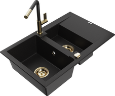 Mexen Gaspar granitinis plautuvė 1,5 kamerų su nusausintuvu ir virtuvės maišytuvu Flora, juodas - 6507-77-670401-57-G